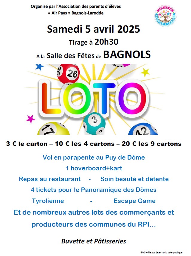 Samedi 5 avril 2025 - Tirage du loto à 20h30 à la salle des fêtes de Bagnols